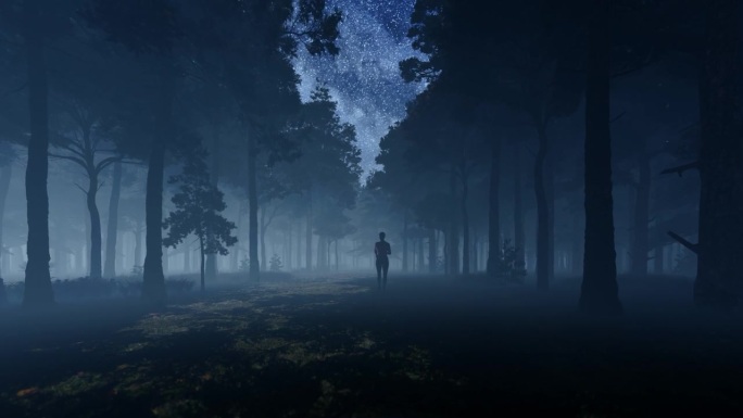 一个女人在夜晚的森林里慢跑，黑暗的森林，头顶的星星