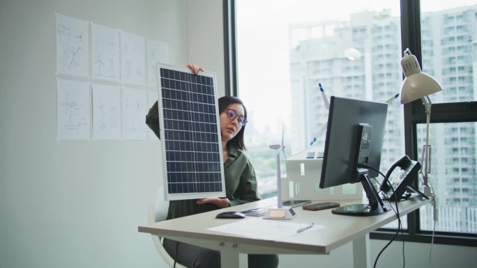 女工程师通过视频会议向客户解释太阳能电池板