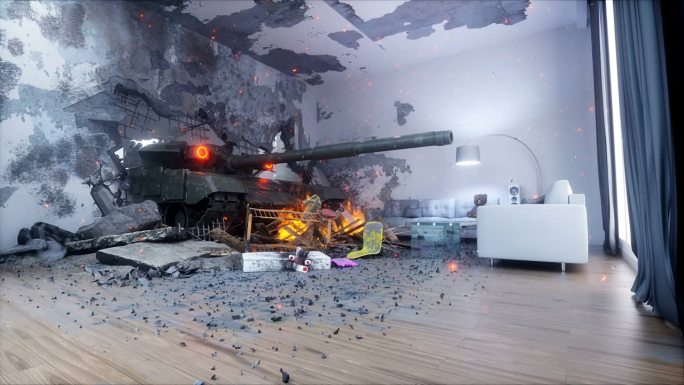 反战的概念。军用坦克侵入屋内。Realis3d呈现。