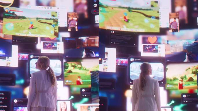 垂直屏幕:白人妇女的后视图进入三维网络空间与动画社会媒体界面，在线游戏，视频，互联网内容。女性计算机