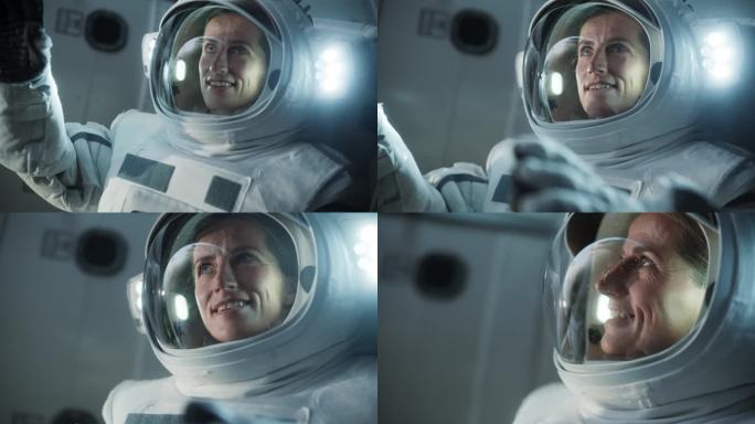 一位勇敢的白人女性在国际空间站首次太空行走的肖像。勇敢无畏的女宇航员兴奋地从外太空卫星轨道上看到地球