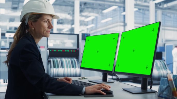 电子工厂办公室里，戴安全帽的白人女技术员在带有绿屏Chromakey模型显示器的台式电脑上工作。自主