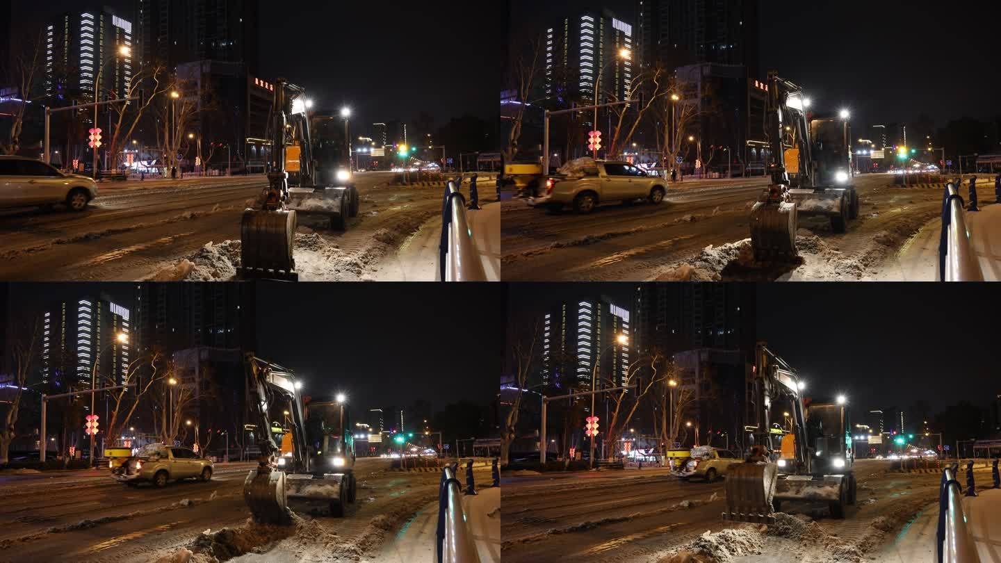 夜晚挖机在道路上除雪除冰03