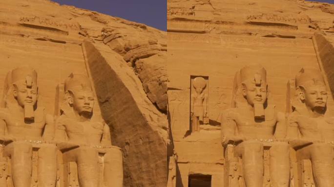 埃及南部努比亚，纳赛尔湖畔的阿布辛贝神庙，用平衡架拍摄的马厩。法老神庙拉美西斯二世，4k视频