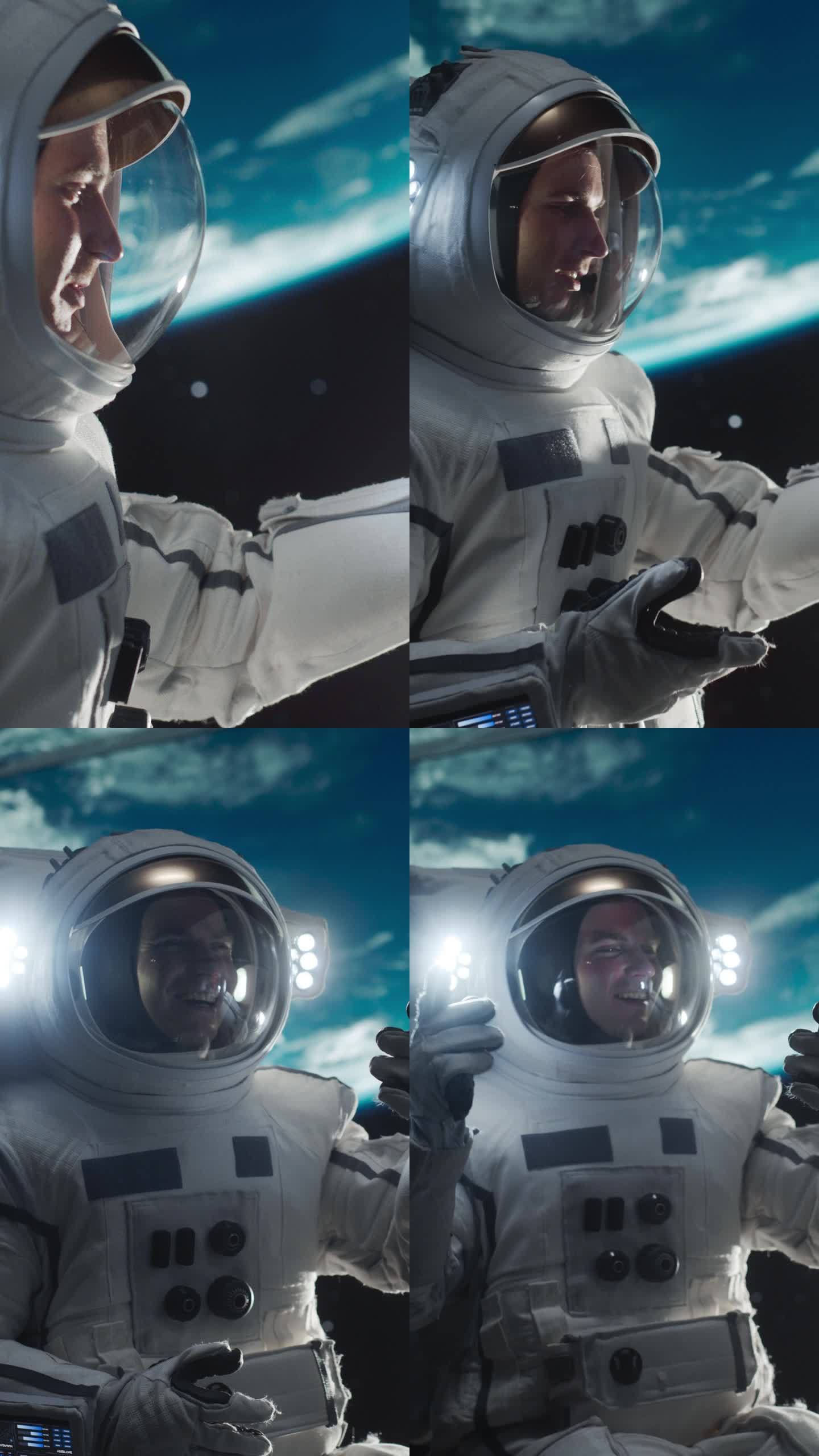 垂直屏幕:穿着太空服的兴奋男子在外太空与女友通话，旁边是一颗卫星。宇航员用智能手机与一位年轻女性进行