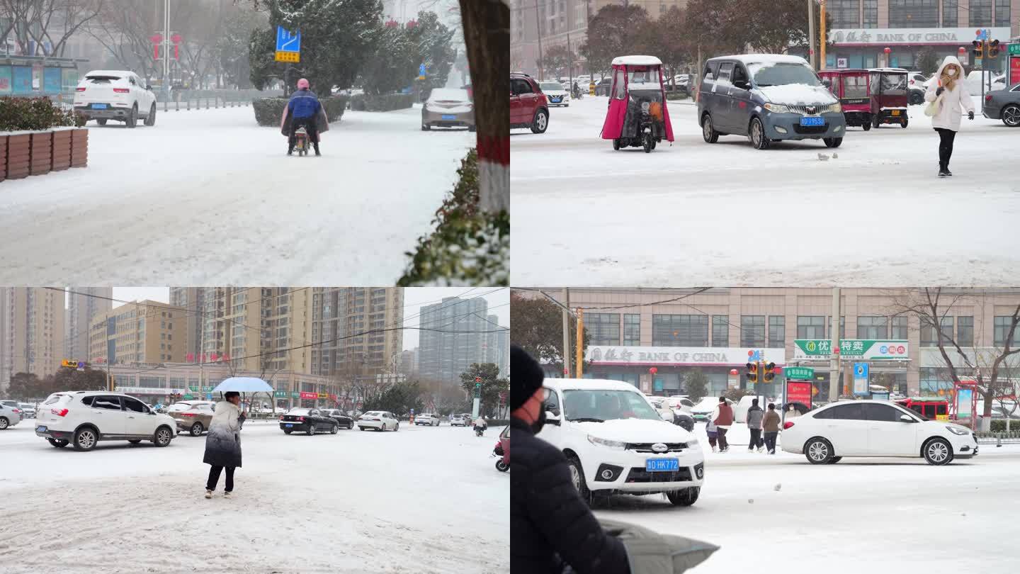 下雪 下雪的街道  雪中的汽车 人来车往