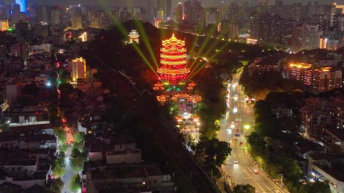 湖北黄鹤楼公园武汉长江大桥夜晚夜景航拍车