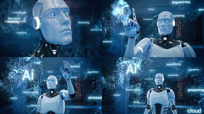 人工智能机器人通过动态触摸手势激活未来的人工智能。人形机器人与互联网信息，云计算，神经大数据，机器学