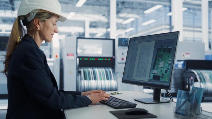 电子工厂办公室:戴着安全帽在台式电脑前工作的白人女工程师的肖像，为人工智能设备开发工业微芯片和半导体