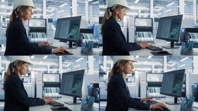 电子工厂办公室:戴着安全帽在台式电脑前工作的白人女工程师的肖像，为人工智能设备开发工业微芯片和半导体