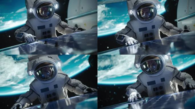 宇航员在远离地球的外太空执行舱外任务。在一次服务过程中，勇敢的人在空间站外固定和调整太阳能电池板模块