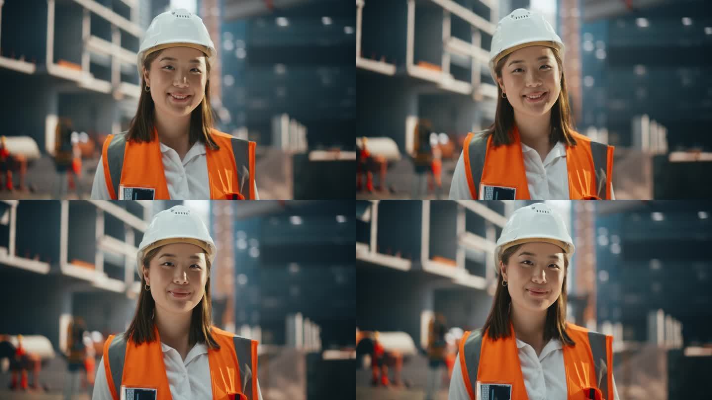 穿着安全制服和安全帽在住宅建筑工地的快乐亚洲土木工程师。站在户外微笑的专业日本女性工业现场经理