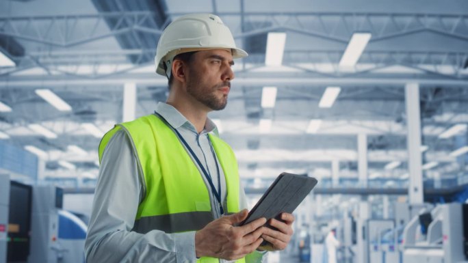 戴安全帽的白人男性工业工程师在电子制造工厂站立和使用平板电脑的画像。技术人员思考日常任务，处理开发数