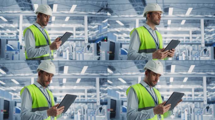 戴安全帽的白人男性工业工程师在电子制造工厂站立和使用平板电脑的画像。技术人员思考日常任务，处理开发数