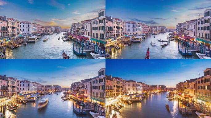 从白天到夜晚的时间间隔，威尼斯大运河，意大利，欧洲。世界上的二线城市。