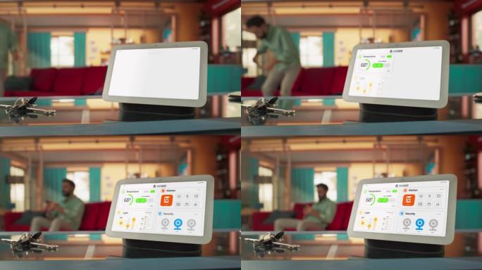 创意智能家居设备与光主题信息图表显示在显示器和图标周围显示。一个人用智能手机控制他时髦的房子。物联网