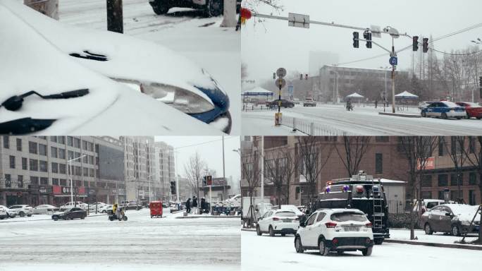 冬天城市下雪天车辆出行