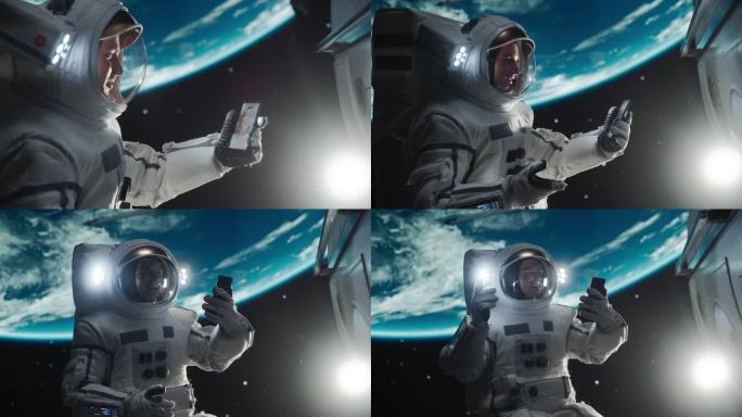 在失重条件下漂浮在太空中的宇航员。宇航员用智能手机与地球视频通话，并与一位快乐的年轻女性交谈。在太空