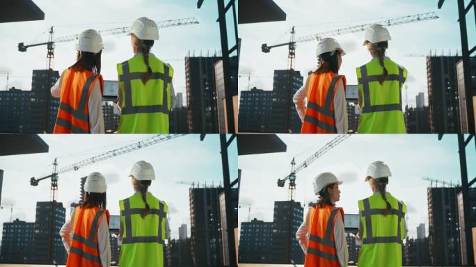 两名成功女性背对镜头，使用屏幕上有技术蓝图的笔记本电脑。在建筑工地工作的土木工程师和建筑师