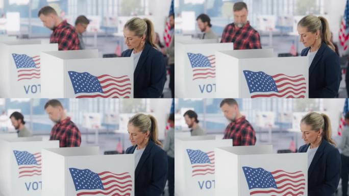 美国全国大选当天，一位女商人在投票站旁填写选票。成年男子在后台为当选官员投票
