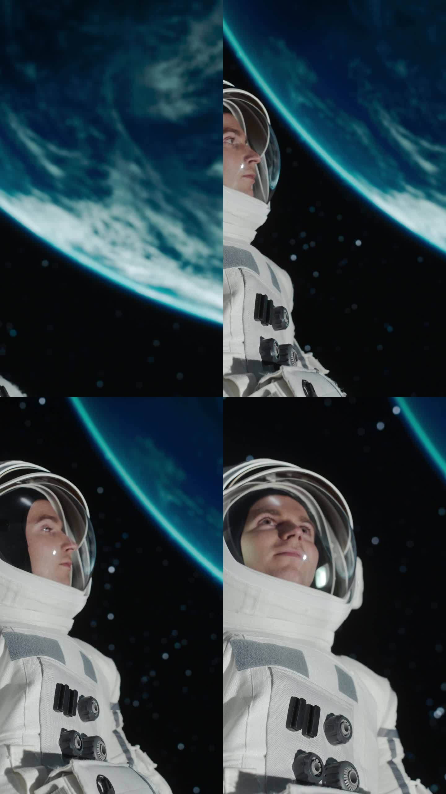 竖屏:一名戴着头盔和宇航服的白人男性宇航员在外太空的肖像，他漂浮在零重力中，惊奇地环顾四周。太空旅行