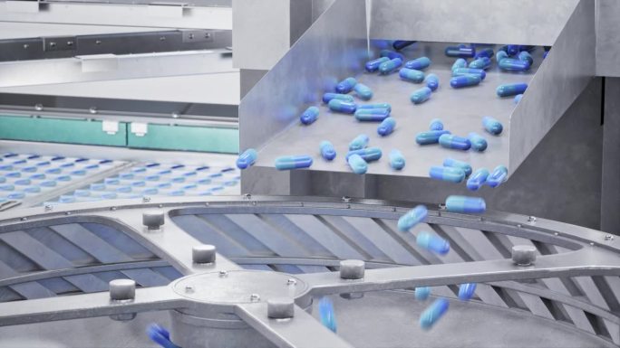 片剂和胶囊生产工艺概念与药品生产线特写镜头- 4K分辨率