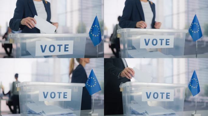 民主进程:在欧盟选举日参观投票站的匿名欧洲人。女性和男性选民投票并将选票放入透明密封的盒子