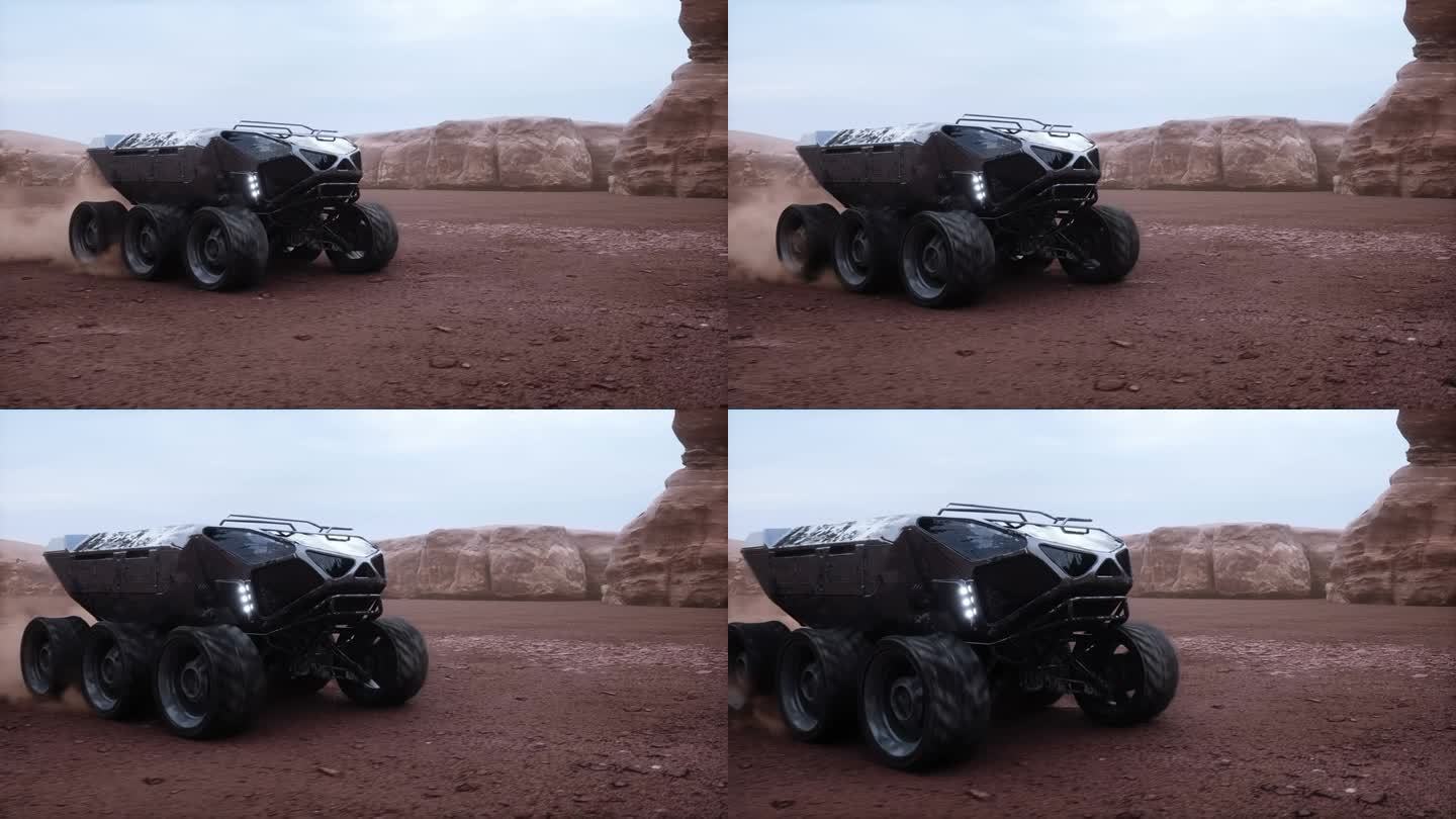 外星球上的电动探测车。火星表面。逼真的4k动画。