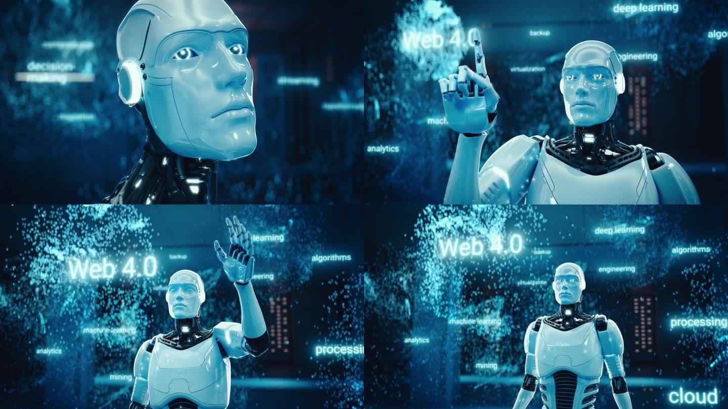 人工智能机器人激活Web 4.0。类人虚拟人工智能助手与信息，云计算服务解决方案，神经大数据，深度机