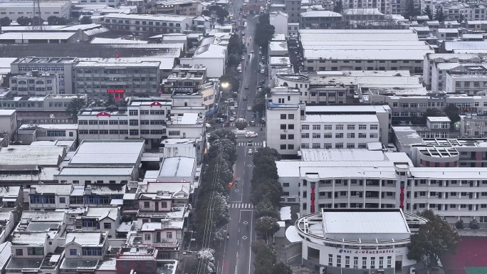 航拍小镇城市平原建筑学校民房城镇农村雪景