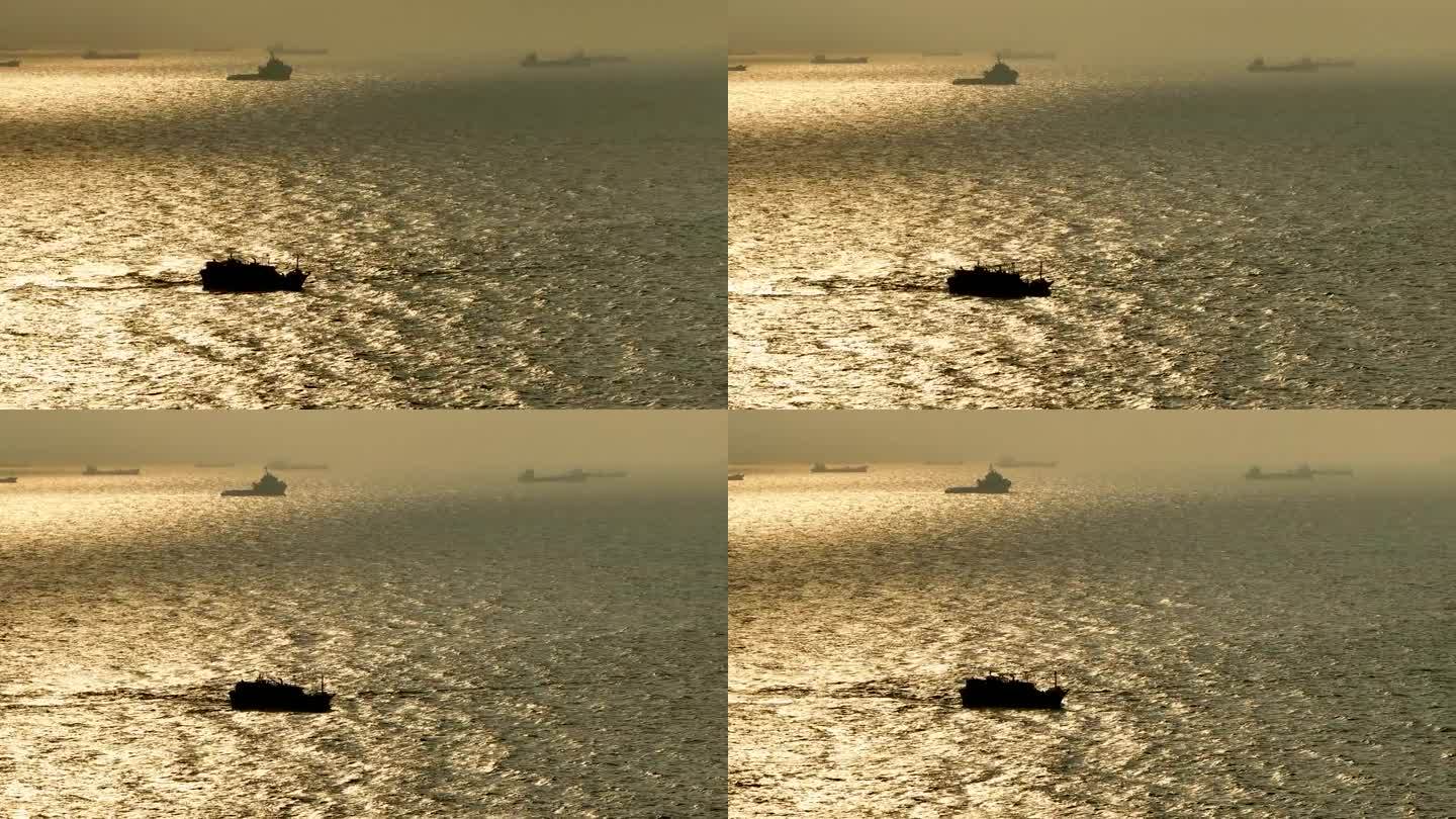 日落时渔船的鸟瞰图