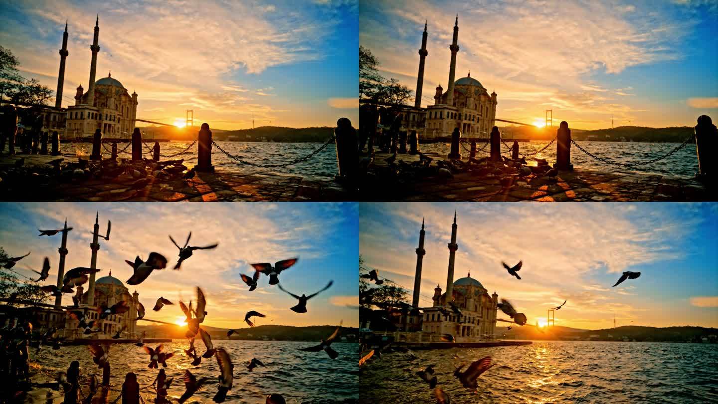 Ortakoy雄伟清真寺的SLO MO日落宁静:鸽子从伊斯坦布尔的海滨长廊翱翔到Ortakoy雄伟的