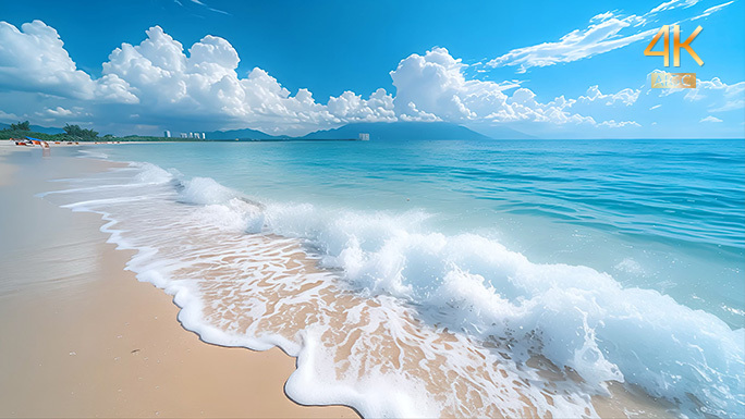 海岛岸边海浪翻滚 清澈湛蓝的海水海洋沙滩