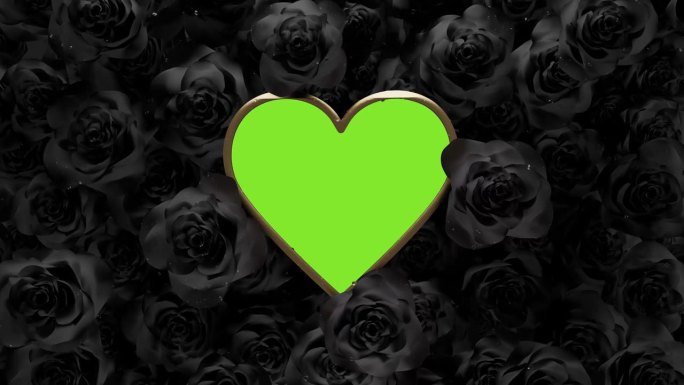 金色的心框，绿色的屏幕上覆盖着旋转的黑玫瑰