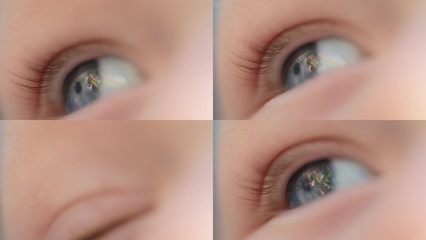 蓝眼睛小男孩眨眼皮的详细特写镜头