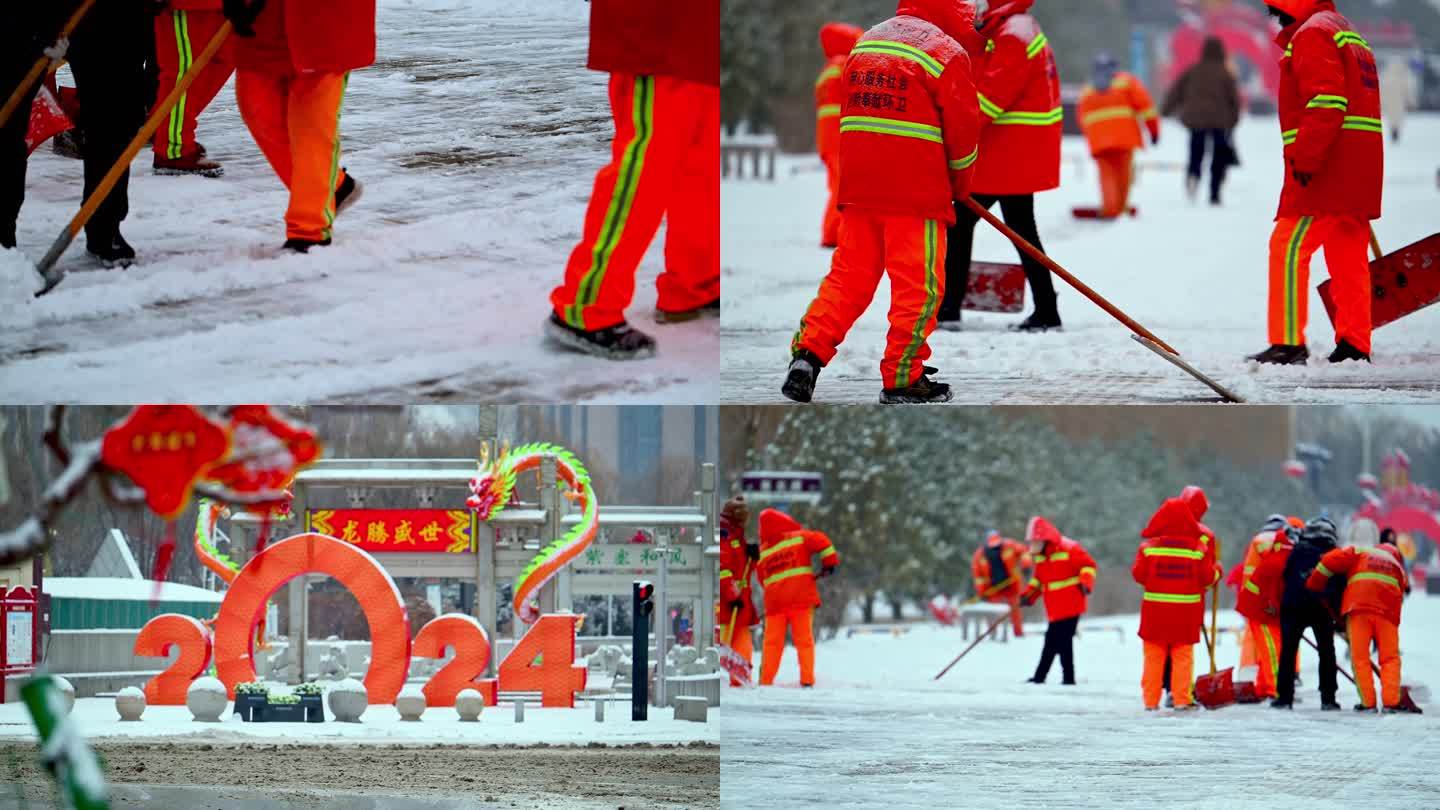 陕西省榆林市开发区雪景环卫工扫雪除雪