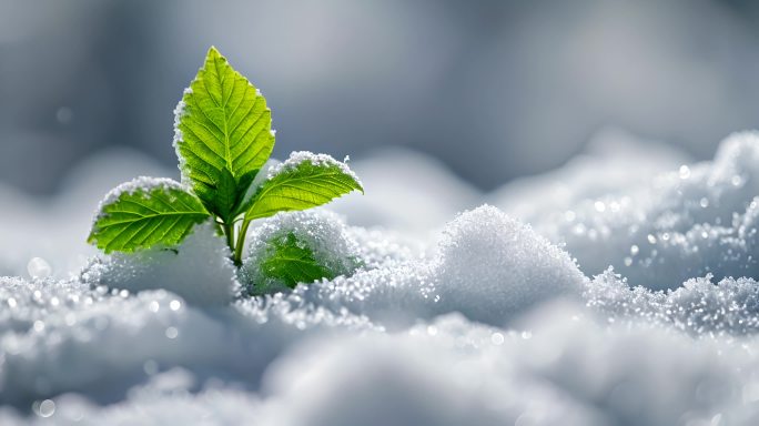 唯美冬季绿色植物雪地生机升格