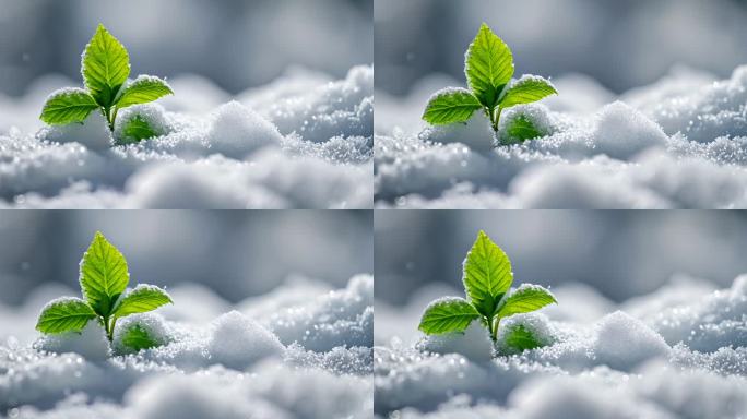 唯美冬季绿色植物雪地生机升格