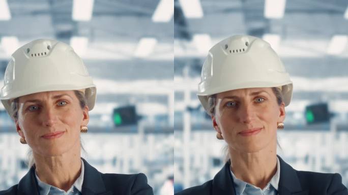 竖屏:戴安全帽的白人女经理的肖像，双臂交叉，看着镜头微笑。在电子厂工作的工业专家。缓慢的运动。