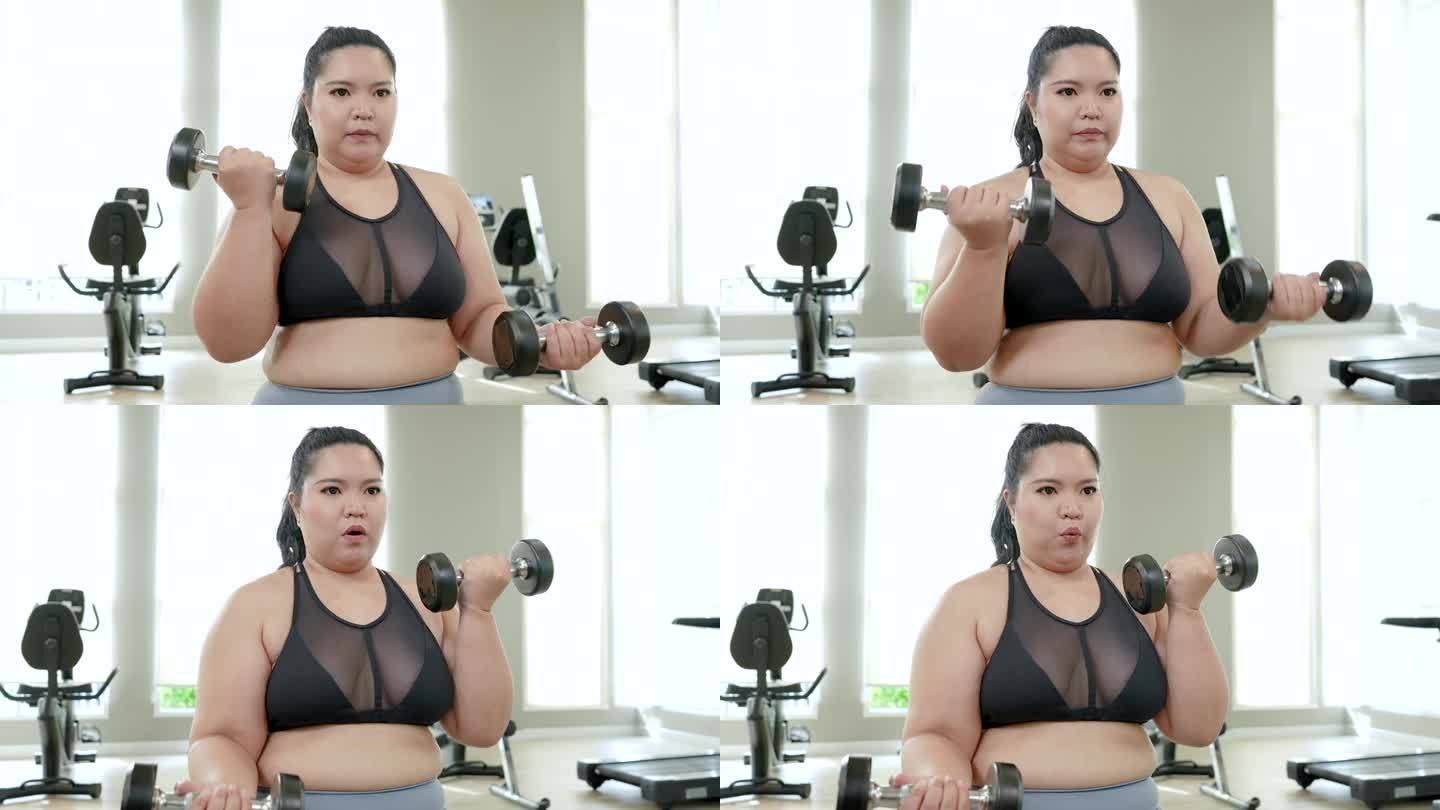 胖乎乎的亚洲女人专注于做哑铃卷曲。超重的女性在开始举重的时候会强烈地想要减掉脂肪。