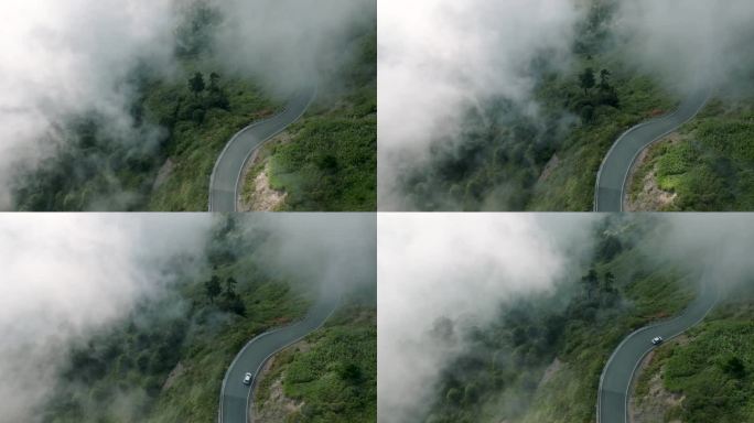 鸟瞰山路和云山间云雾风景大自然