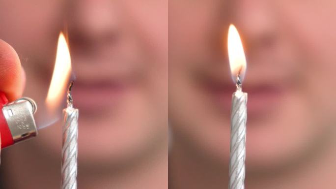 垂直屏幕:30多岁的男子手持生日蛋糕，燃烧的蜡烛吹着派对口哨，令人惊叹的男子与节日活动祝贺，有趣的庆