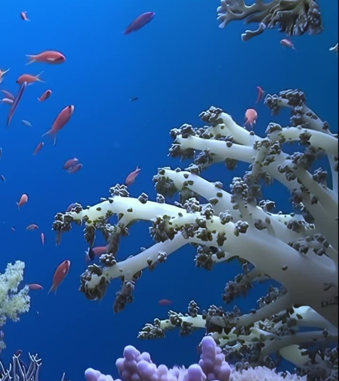 垂直视频关于白色软珊瑚在纯蓝色背景的清澈的水。