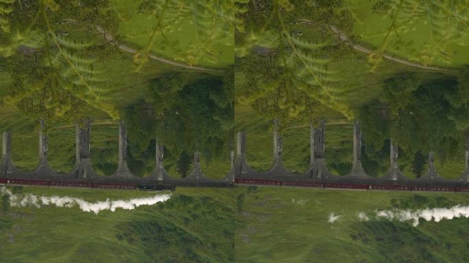 垂直田园诗般的苏格兰风景，蒸汽火车穿过格伦芬南高架桥