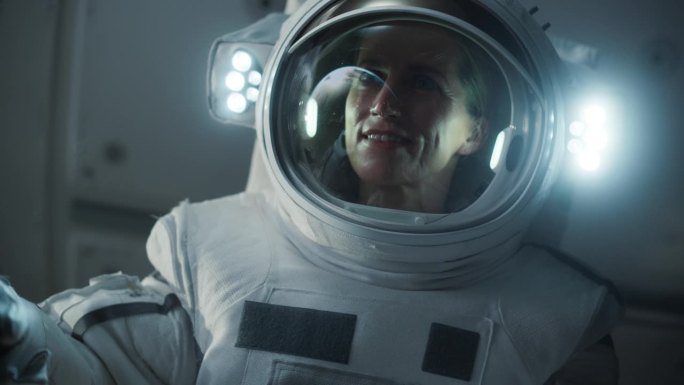 女太空探险家在太空旅行，发现我们宇宙的深处。一个戴着头盔的成年女性的特写镜头，从太空中看到的地球景象