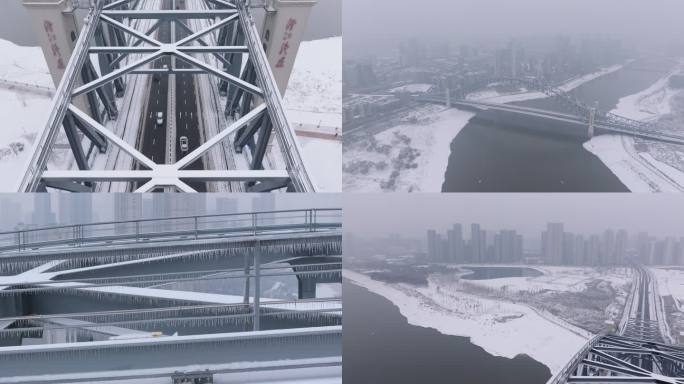 4k航拍武汉古田汉江湾大桥大雪雪景