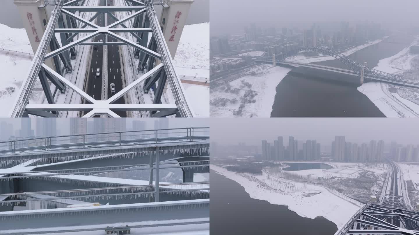 4k航拍武汉古田汉江湾大桥大雪雪景