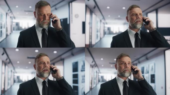 一位英俊的中年商人与公司业务客户通电话的肖像。自信的公司CEO在去办公室的路上计划成功的工作项目