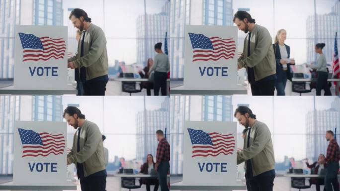 美国全国大选当天，一位英俊的年轻人在投票站旁填写选票。在后台为当选官员投票的成年男女