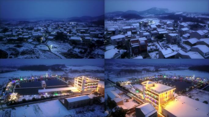 航拍农村雪景夜景